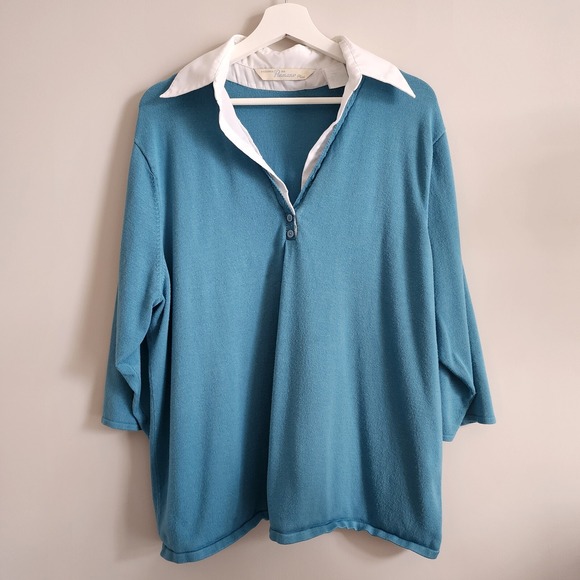 Penman Sweaters - VTG PENMANS Shirt Sweater Womens Plus Size 2X White‎ Collar Attached Blue Polo
